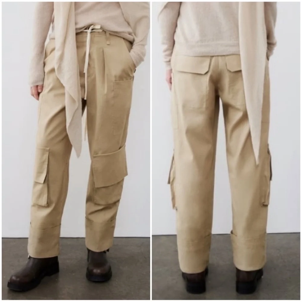 ZARA Women’s Size XS Khaki Linen ZW Collection Multi Pocketed Cargo Utility Pant